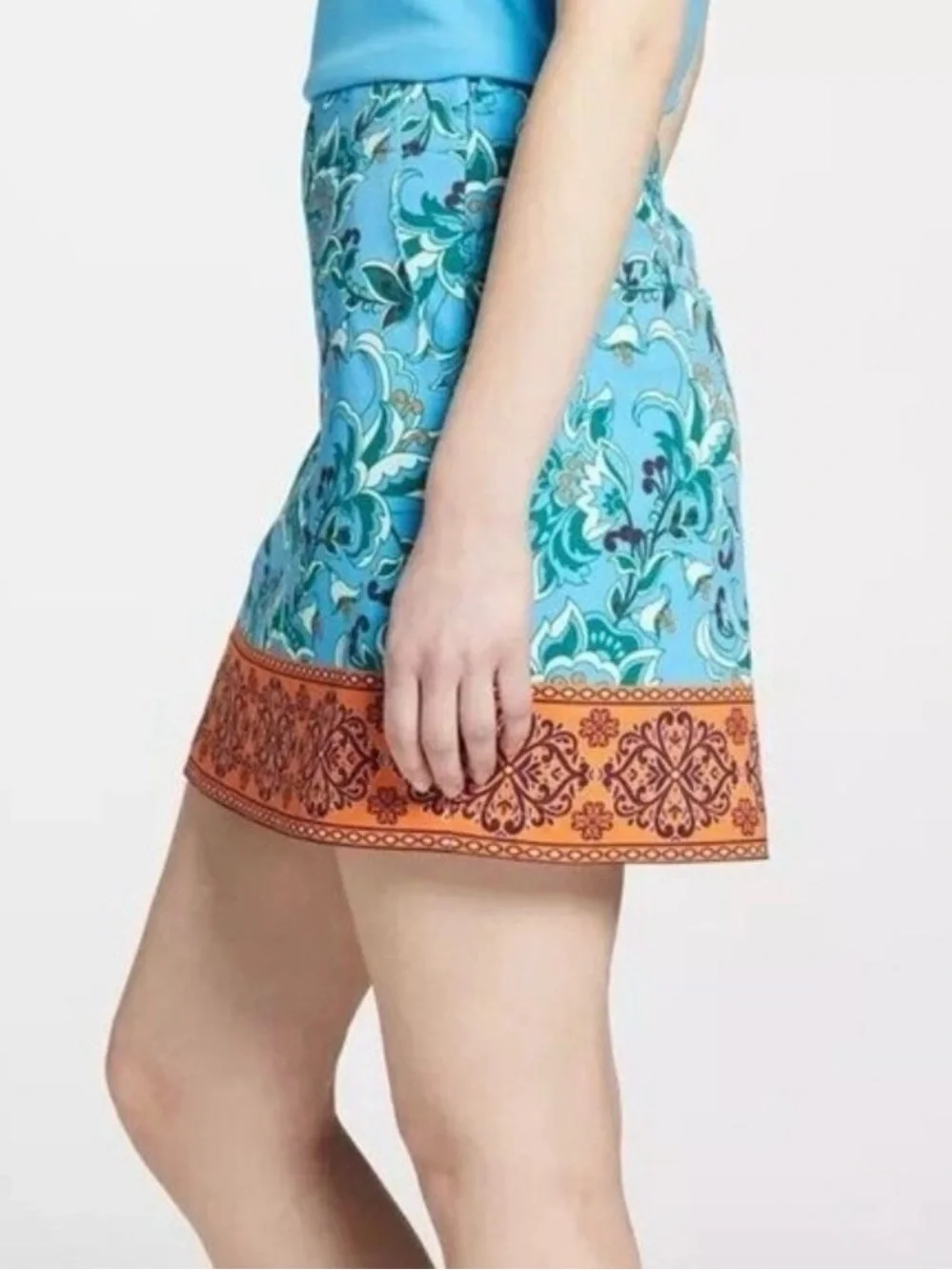 Lady Hagen Turquoise Blue Floral Mini Skirt/Skort with Orange Hem, Size 2